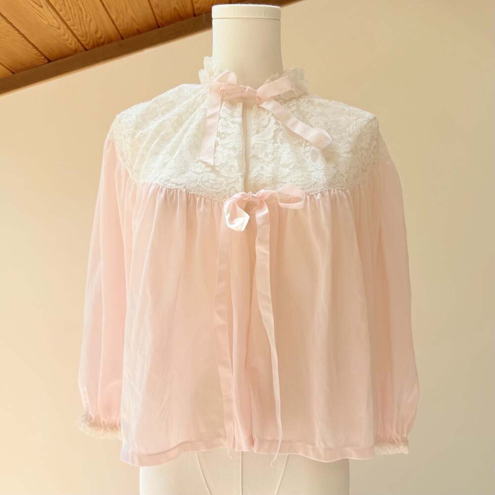 Vintage Pink Nylon Lace Trimmed Bed Jacket